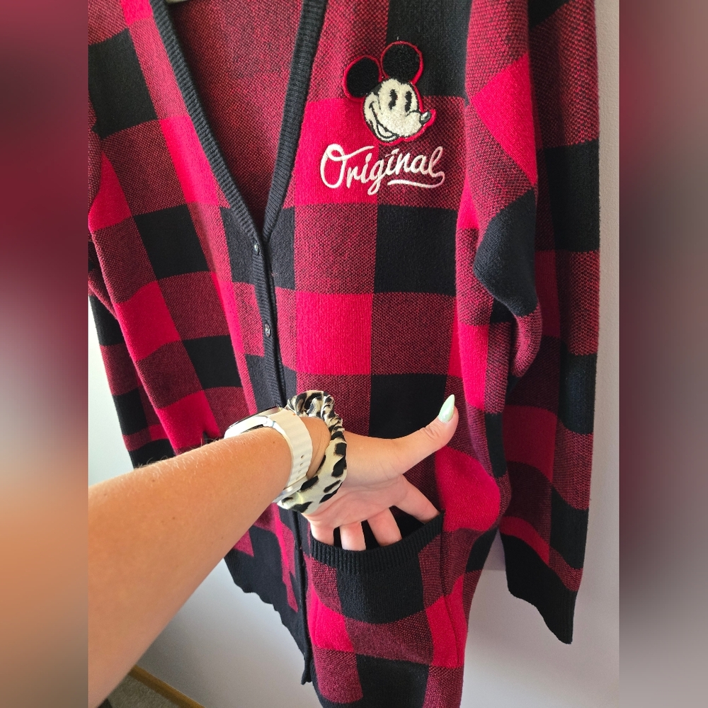 Disney Parks Mickey Mouse Buffalo Plaid Cardigan Sweater - Red & Black - Size L - Picture 4 of 11